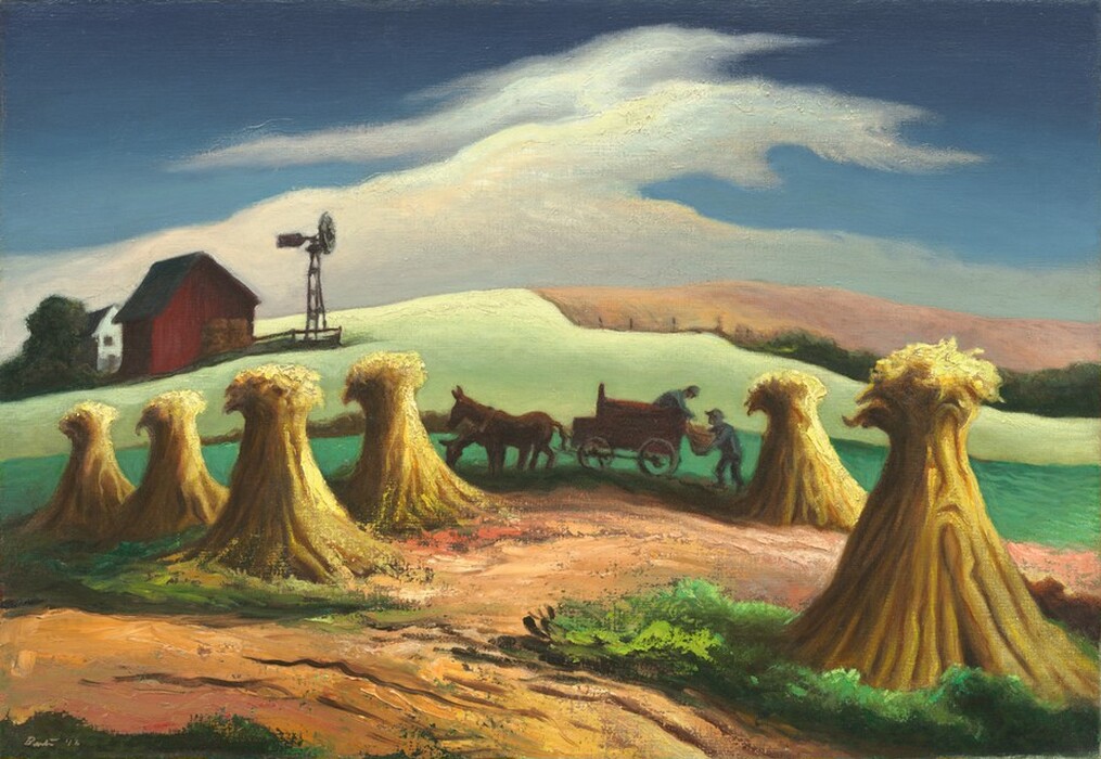 Six bunches of harvested corn close to us lead back to two people planting fields, which in turn lead back to a red barn and white house in this horizontal landscape painting. The shocks of corn are tied into rounded, pyramidal shapes on a ground streaked with brown dirt and green growth. In the center of the composition and in the distance, a person on a horse-drawn wagon hands a sack or other object down to a person standing at the back of the wagon. Vibrant green hills roll back to red and white structures to the left and a row of dark green trees on the horizon to the right. In the top third of the painting, a wave of white clouds seems to crest against a jewel-blue sky. The curves of the land are slightly exaggerated, giving the painting a stylized look. The artist signed and dated the painting in the lower left corner, “Benton 48.”