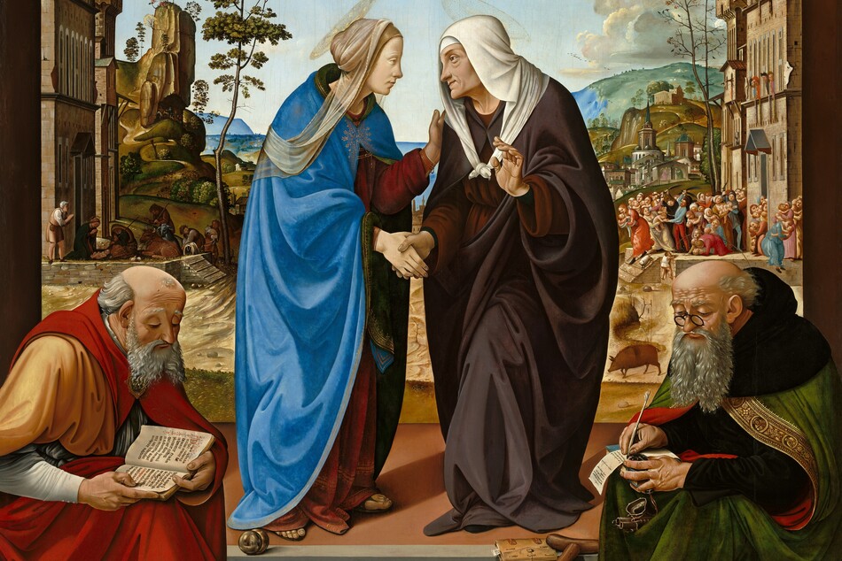 Two women stand clasping hands between two seated men, all against a deep landscape with hills and a town in this nearly square painting. Dozens of people are gathered in the town to our right, and several cluster in front of a building to our left. All the people have pale, peachy skin. Close to us, the two women both have translucent, plate-like halos. They stand with their bodies angled toward each other, and they look at each other. The woman to our left, Mary, has smooth skin with a delicate profile. She wears a gold-edged, ultramarine-blue robe lined with forest green over a long-sleeved, ruby-red dress. Sandaled toes peek under the hem. An eggshell-white and gold scarf drapes over her blond hair, which is pulled back, and over her shoulders. Leaning toward her companion, Mary gazes directly into the eyes of the older woman, Elizabeth. They clasp their right hands, and Mary touches Elizabeth’s shoulder. They stand close together, so only a sliver of the background landscape is visible between their cloaks. Elizabeth wears a maroon-red dress mostly covered by a wine-red cloak that wraps around her body. Her opaque, white scarf drapes over her head and ties loosely on her chest. Her free, left hand is raised, the palm facing Mary. The women stand on a slightly raised platform as the elderly men sit on either side, their bodies angled toward the women. Both men have faint, barely visible halos floating over their balding heads. They have fringes of gray hair and long, gray beards. Their foreheads are deeply lined with wrinkles, and they look down long, straight noses at their laps. To our left, the man wears a scarlet-red cloak over a harvest-yellow garment with gray sleeves. He hunches over a book in his lap. Three gold balls lie next to him, near Mary’s feet. On our right, the second man wears black, round spectacles perched on his nose. The hood of his black robe lies across his shoulders, over an olive-green cape. The cape has gold trim, and the underside is scarlet red. He writes on a narrow piece of parchment with a quill on a closed, blue-covered book. He braces the book and an ink pot with one hand, and a leather pouch hangs from a cord in that hand. At his feet lie an iron-colored bell, a wooden cane, and a brown book. A single sprig of garnet-red flowers lies on the stone floor between the two men. Beyond the four people, the sand-colored land dips down between the town to our right and the building to our left. Dozens of women holding babies struggle against men with swords on a platform in the town. Four people look on from windows above, and buildings continue into the distance along high, steep hills. One of the buildings there is topped by a cross, and the side of that structure is painted with a scene showing a kneeling, winged angel holding a white lily toward a woman dressed in green, who kneels and crosses her arms over her chest. To our left and deep in the shadow cast by a tall building there, a woman and several men gather and some kneel around a baby. Beyond, the land extends to body of vivid blue water, which leads back to a pale blue mountain in the deep distance. A few puffy clouds float across the sky above, which deepens from powder blue along the top edge to nearly white along the horizon.