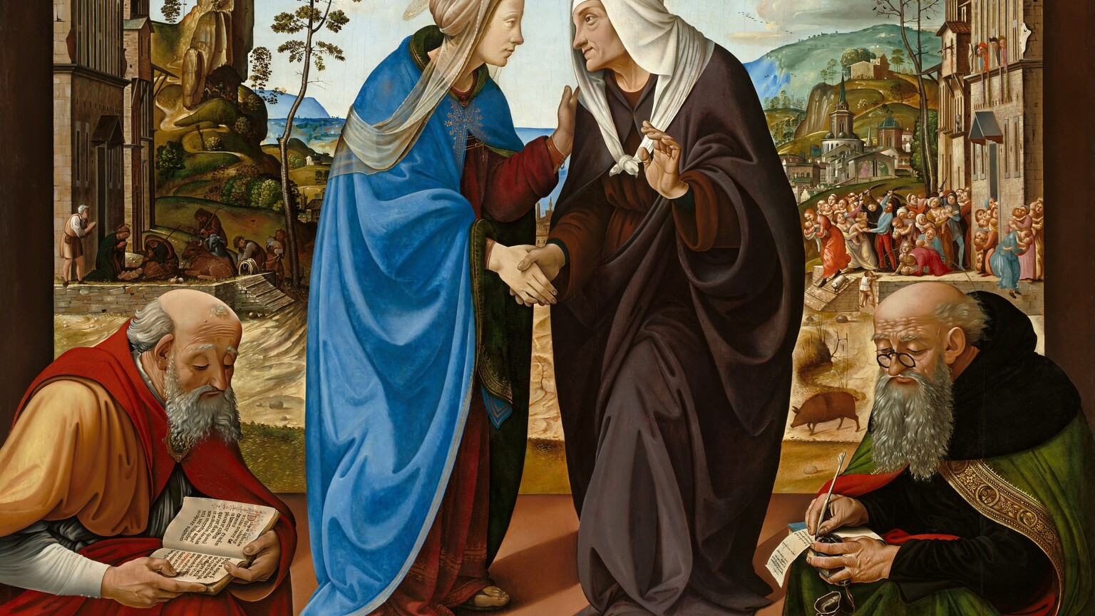 Two women stand clasping hands between two seated men, all against a deep landscape with hills and a town in this nearly square painting. Dozens of people are gathered in the town to our right, and several cluster in front of a building to our left. All the people have pale, peachy skin. Close to us, the two women both have translucent, plate-like halos. They stand with their bodies angled toward each other, and they look at each other. The woman to our left, Mary, has smooth skin with a delicate profile. She wears a gold-edged, ultramarine-blue robe lined with forest green over a long-sleeved, ruby-red dress. Sandaled toes peek under the hem. An eggshell-white and gold scarf drapes over her blond hair, which is pulled back, and over her shoulders. Leaning toward her companion, Mary gazes directly into the eyes of the older woman, Elizabeth. They clasp their right hands, and Mary touches Elizabeth’s shoulder. They stand close together, so only a sliver of the background landscape is visible between their cloaks. Elizabeth wears a maroon-red dress mostly covered by a wine-red cloak that wraps around her body. Her opaque, white scarf drapes over her head and ties loosely on her chest. Her free, left hand is raised, the palm facing Mary. The women stand on a slightly raised platform as the elderly men sit on either side, their bodies angled toward the women. Both men have faint, barely visible halos floating over their balding heads. They have fringes of gray hair and long, gray beards. Their foreheads are deeply lined with wrinkles, and they look down long, straight noses at their laps. To our left, the man wears a scarlet-red cloak over a harvest-yellow garment with gray sleeves. He hunches over a book in his lap. Three gold balls lie next to him, near Mary’s feet. On our right, the second man wears black, round spectacles perched on his nose. The hood of his black robe lies across his shoulders, over an olive-green cape. The cape has gold trim, and the underside is scarlet red. He writes on a narrow piece of parchment with a quill on a closed, blue-covered book. He braces the book and an ink pot with one hand, and a leather pouch hangs from a cord in that hand. At his feet lie an iron-colored bell, a wooden cane, and a brown book. A single sprig of garnet-red flowers lies on the stone floor between the two men. Beyond the four people, the sand-colored land dips down between the town to our right and the building to our left. Dozens of women holding babies struggle against men with swords on a platform in the town. Four people look on from windows above, and buildings continue into the distance along high, steep hills. One of the buildings there is topped by a cross, and the side of that structure is painted with a scene showing a kneeling, winged angel holding a white lily toward a woman dressed in green, who kneels and crosses her arms over her chest. To our left and deep in the shadow cast by a tall building there, a woman and several men gather and some kneel around a baby. Beyond, the land extends to body of vivid blue water, which leads back to a pale blue mountain in the deep distance. A few puffy clouds float across the sky above, which deepens from powder blue along the top edge to nearly white along the horizon.
