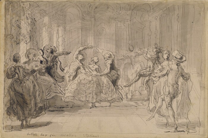 This is a drawing of a grand ball or dance scene. The image depicts a group of figures elegantly dressed in flowing gowns and elaborate costumes partaking in a courtly dance inside a palatial hall. The intricate pencil and ink lines suggest movement and grace. The figures are in motion, some twirling while others maintain poised gestures. The background features ornate architectural details with tall columns and arches, enhancing the grandeur of the setting. This is rendered with light shading and careful line work, creating a sense of depth and drama. The drawing conveys an atmosphere of elegance and celebration.