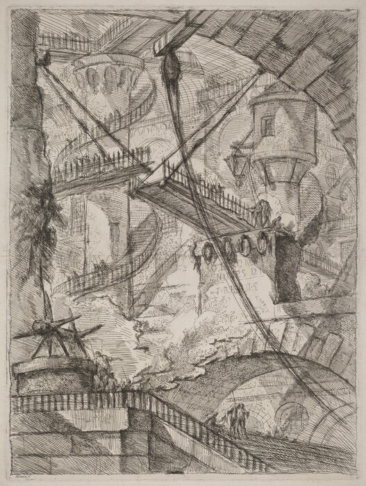This is a drawing of an intricate architectural fantasy. The image depicts a complex network of bridges, arches, and spiral staircases set within a vast vaulted space. Various structures, including towers and columns, intersect at multiple levels, creating a labyrinthine environment. Converging lines and cross-hatching techniques add to the depth and texture of the artwork.