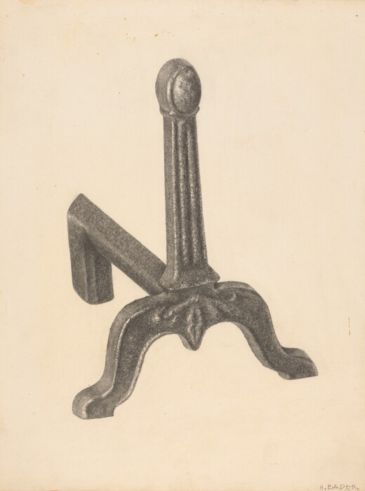 The image displays a cast iron object in detail, featuring a vertical rod with a rounded top and curved legs for stability. The color palette is primarily grayscale, ranging from dark charcoal to light beige. The object is placed in the lower section of the image, leaning slightly to the left, with its base spread out on the surface and casting a shadow against a blank background.
