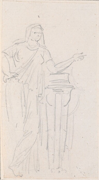 The image shows a sketch of a person in a standing position with one hand on their hip and the other arm extended. They have a headdress or veil on their head. They are wearing a long flowing garment, possibly a robe. They are next to a pedestal with horizontal lines on its surface. The background is plain.