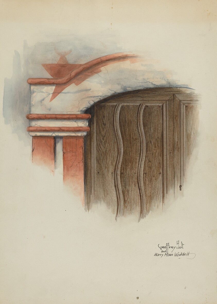 Restoration Drawing: Detail of Arch, Main Doorway, and Door, Mission-House