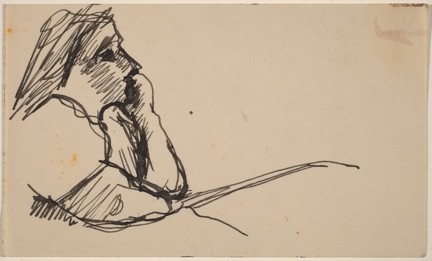 Bust-length sketch of Young Woman Resting Chin on Left Hand, in Profile