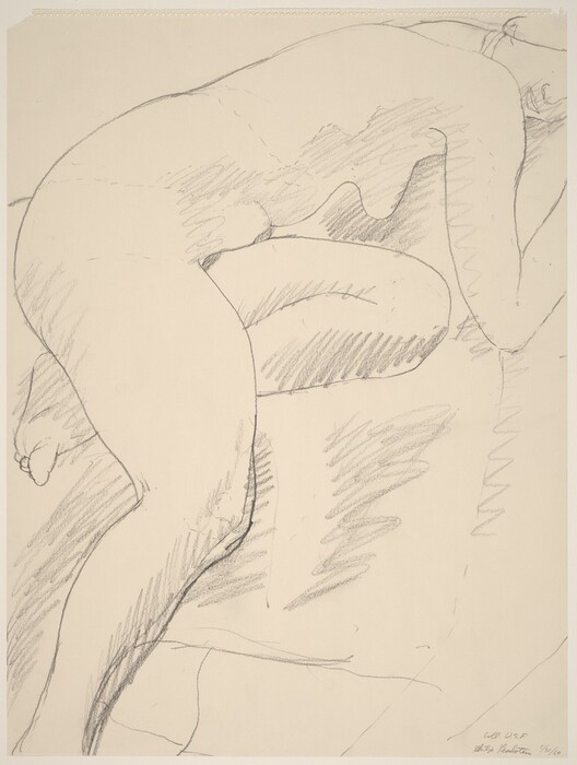The image consists of a line drawing of a nude figure shown from a side view. They are lying on their side with knees bent and head resting on their arm. The facial features are partially visible, and the hair is tied back. The drawing emphasizes the contours of the figure through simple lines and shading. The background is minimalistic with shading to suggest a surface or bed, and some crosshatching for texture. There are no distinct objects or detailed scenery in the background.