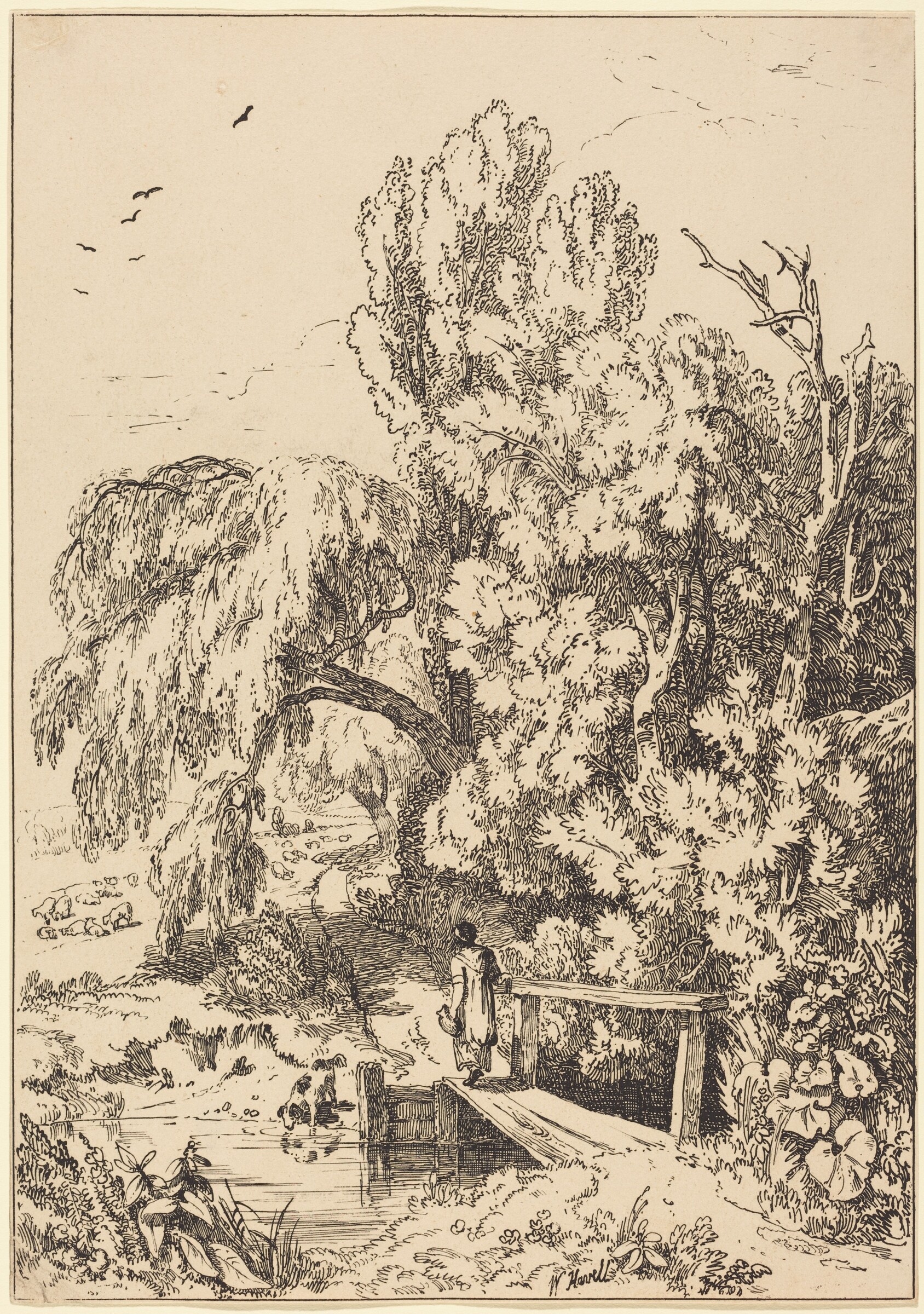 Landscape with Trees, Girl Crossing Footbridge, William Havell, 1804