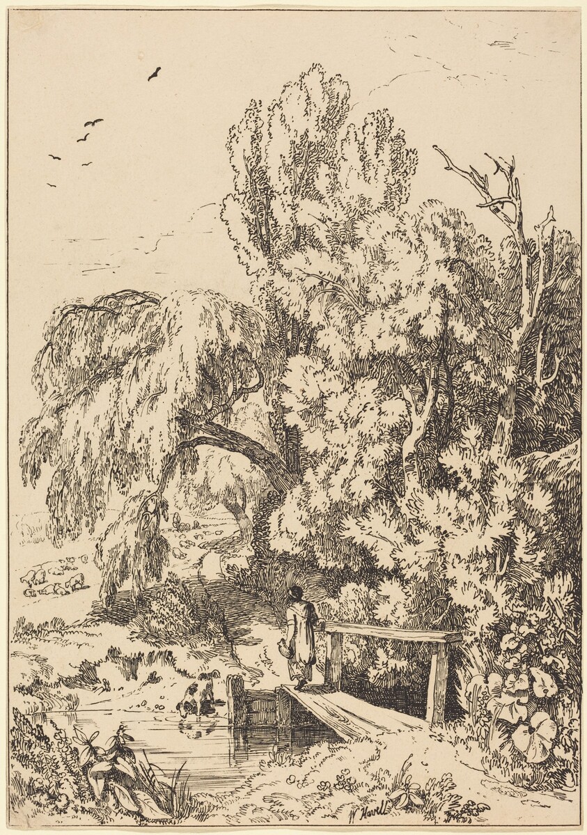 Landscape with Trees, Girl Crossing Footbridge