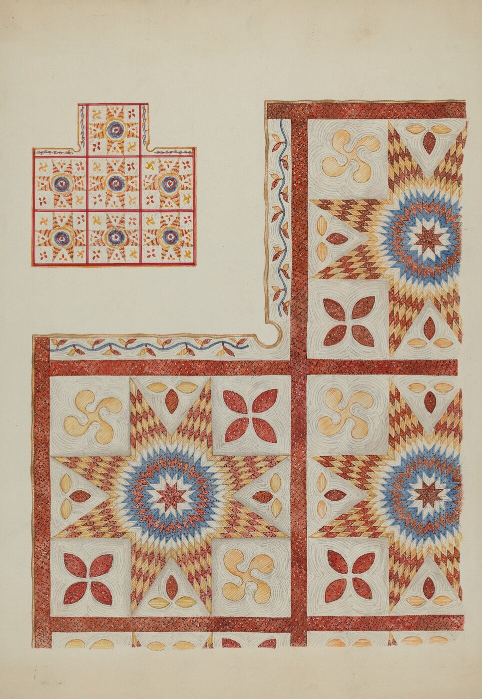 The image displays a composition of geometric shapes and intricate lines forming a grid-like pattern. The dominant shapes are squares and triangles arranged into larger diamond and star motifs, with vibrant colors of red, blue, and yellow. The patterns resemble quilt designs or ornate floor tiles. The stars in the center resemble flowers or kaleidoscopic bursts. The pattern is divided into a larger section and a smaller grid illustration, which appear as architectural blueprints for fabric or tiling.