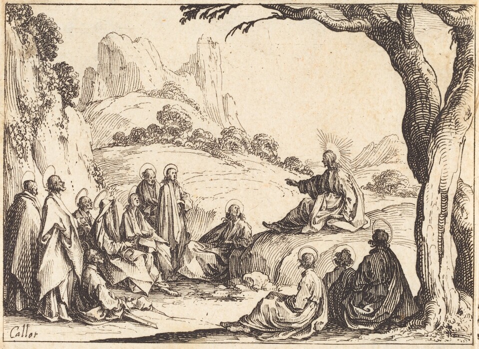 This is a depiction of a group of people gathered in a natural setting. The scene shows several figures sitting or standing on the grass in a hilly landscape, with a central figure seated on a rock, gesturing to the others. This figure is emitting light from their head. The group seems to be engaged in a moment of teaching or discussion. The scene is surrounded by trees, and hilly terrain is visible in the background, adding depth to the composition. The style of drawing is linear and detailed, with attention to garment folds and natural textures.