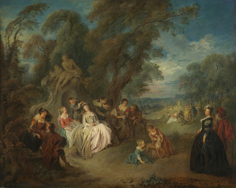 Six women, four men, two children, and a dog sit or stand in a loose line close to us in a misty forest setting in this horizontal landscape painting. Painted in muted and hazy tones of mossy green and earthy brown, a copse of trees takes up the left two-thirds of the composition. A fountain or sculpture about twice the height of the people nestles in the copse. On it a mostly nude woman and child sit next to an object, perhaps a fish or urn, on an arched structure lined with sweeping, curving sides. The people all have pale skin, rosy cheeks, blond or brown hair, and delicate features. The men are clean-shaven, and the women have bow-shaped mouths. The men wear suits and capes and the women long dresses with voluminous skirts in shades of copper brown, shell or dark pink, twilight blue, or parchment white. A man and woman sit together in the lower left corner of the painting, and the woman looks out at us and smiles. Slightly farther back, a man places a crown of flowers on a seated woman, who looks at a companion sitting beside her with flowers held in the apron across her lap. A man and woman embrace to the right of this trio. Next, a woman partially opens a fan and looks down at the man next to her, who kneels and leans forward onto a rock. Two children wearing long garments play with a spindly-legged, shorthaired dog in front of this group, and another couple stands in the lower right corner. That woman wears a black gown, holds a closed fan, and looks off to our left. The man behind her, wearing a red floppy cap and cape over a tawny-brown suit with a wide, lacy collar, looks over her shoulder. The grassy clearing stretches back along the right third of the composition and leads to at least nine more people sitting and standing in the distance. Another copse of trees and far-distant mountains are painted with blended strokes, giving the scene a soft appearance. A few pink-streaked clouds are over the horizon, and smoky blue and white clouds stretch across the lapis-blue sky.