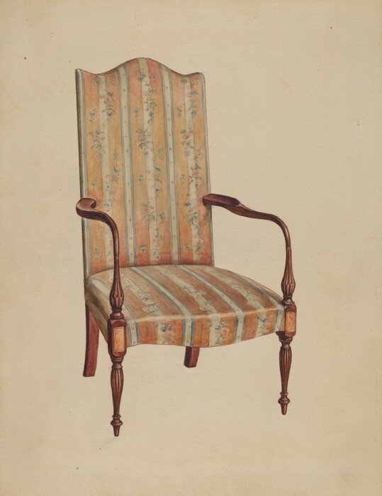 The image displays a wooden armchair with striped fabric upholstery in vertical bands of yellow, orange, blue, and floral motifs. The chair is placed in the center against a plain beige background. Its wooden frame, turned legs, and fabric pattern are showcased. The chair is slightly angled with the seat and backrest facing forward.