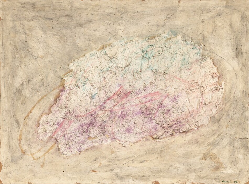 This painting displays an abstract composition with irregular, textured forms. The central shape is similar to an irregular oval that shows hues of pale pink, blue, purple, and white in thick, textured brushstrokes. The surrounding area features shades of muted beige and gray in soft, sweeping lines that are also visible, but less textured.