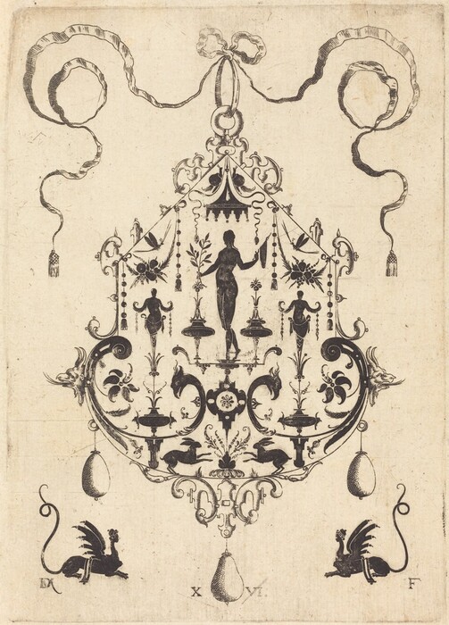 The image shows a central composition of intricate lines and symmetrical shapes forming a complex abstract pattern. The design includes stylized human figures and floral motifs resembling a decorative piece, with bow-like elements cascading on either side. There are mythical creatures resembling winged dragons at the base, adding an ornamental touch.