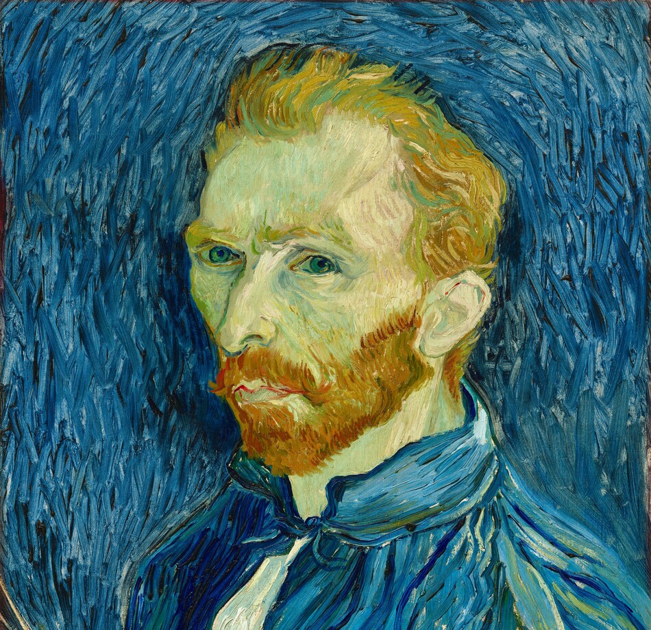 Shown from the chest up, a man with short, orange hair and green-tinted, pale skin looks at us, wearing a vivid blue painter's smock in this vertical portrait painting. His smock and the background are painted with long, mostly parallel strokes of cobalt, azure, and lapis blue. His shoulders are angled to our left, and he looks at us from the corners of his blue eyes. He has a long, slightly bumped nose, and his lips are closed within a full, rust-orange beard. He holds a palette and paintbrushes in his left hand, in the lower left corner of the canvas. The background is painted with long brushstrokes that follow the contours of his head and torso to create an aura-like effect.