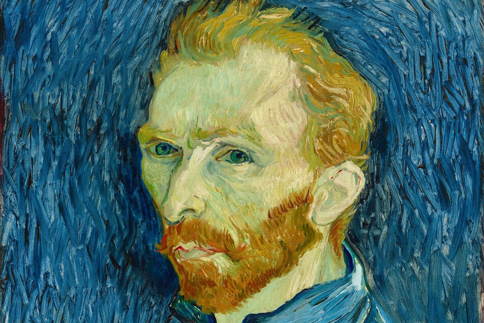 Shown from the chest up, a man with short, orange hair and green-tinted, pale skin looks at us, wearing a vivid blue painter's smock in this vertical portrait painting. His smock and the background are painted with long, mostly parallel strokes of cobalt, azure, and lapis blue. His shoulders are angled to our left, and he looks at us from the corners of his blue eyes. He has a long, slightly bumped nose, and his lips are closed within a full, rust-orange beard. He holds a palette and paintbrushes in his left hand, in the lower left corner of the canvas. The background is painted with long brushstrokes that follow the contours of his head and torso to create an aura-like effect.