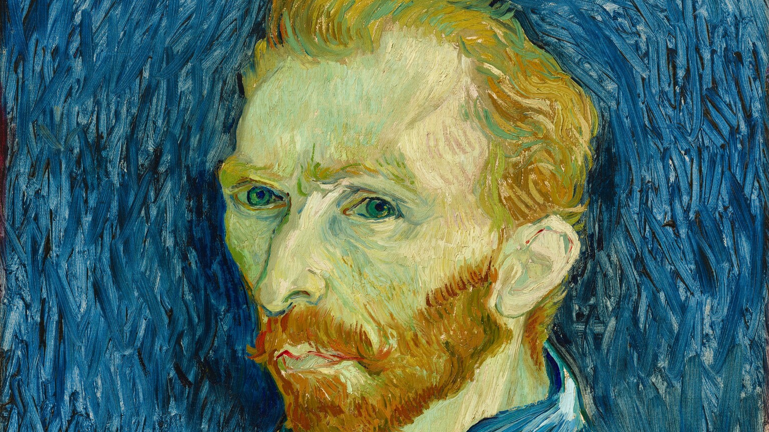 Shown from the chest up, a man with short, orange hair and green-tinted, pale skin looks at us, wearing a vivid blue painter's smock in this vertical portrait painting. His smock and the background are painted with long, mostly parallel strokes of cobalt, azure, and lapis blue. His shoulders are angled to our left, and he looks at us from the corners of his blue eyes. He has a long, slightly bumped nose, and his lips are closed within a full, rust-orange beard. He holds a palette and paintbrushes in his left hand, in the lower left corner of the canvas. The background is painted with long brushstrokes that follow the contours of his head and torso to create an aura-like effect.