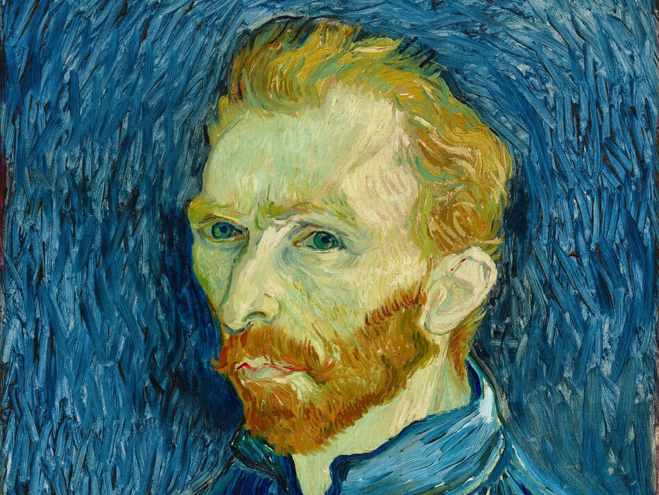 Shown from the chest up, a man with short, orange hair and green-tinted, pale skin looks at us, wearing a vivid blue painter's smock in this vertical portrait painting. His smock and the background are painted with long, mostly parallel strokes of cobalt, azure, and lapis blue. His shoulders are angled to our left, and he looks at us from the corners of his blue eyes. He has a long, slightly bumped nose, and his lips are closed within a full, rust-orange beard. He holds a palette and paintbrushes in his left hand, in the lower left corner of the canvas. The background is painted with long brushstrokes that follow the contours of his head and torso to create an aura-like effect.