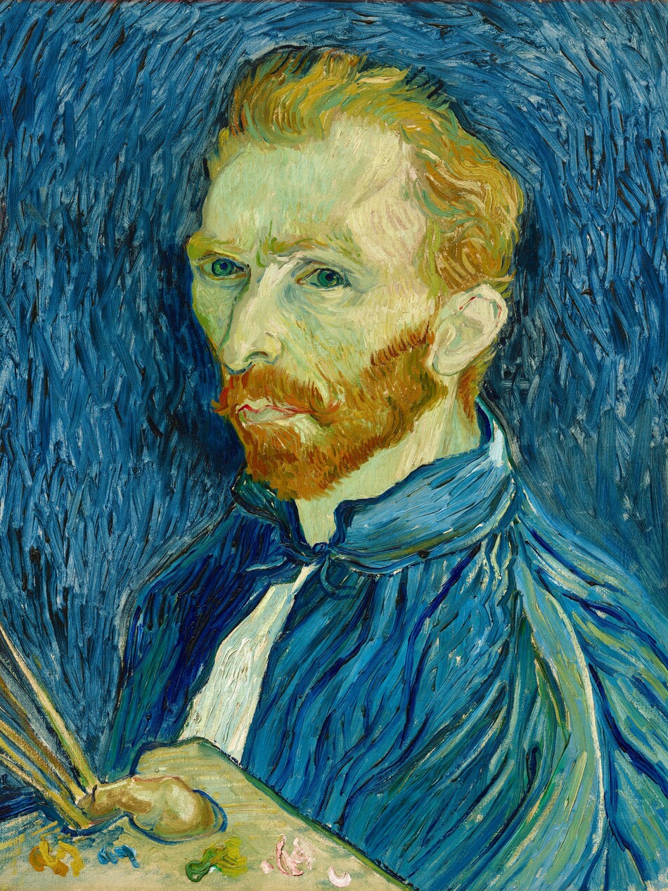 Shown from the chest up, a man with short, orange hair and green-tinted, pale skin looks at us, wearing a vivid blue painter's smock in this vertical portrait painting. His smock and the background are painted with long, mostly parallel strokes of cobalt, azure, and lapis blue. His shoulders are angled to our left, and he looks at us from the corners of his blue eyes. He has a long, slightly bumped nose, and his lips are closed within a full, rust-orange beard. He holds a palette and paintbrushes in his left hand, in the lower left corner of the canvas. The background is painted with long brushstrokes that follow the contours of his head and torso to create an aura-like effect.