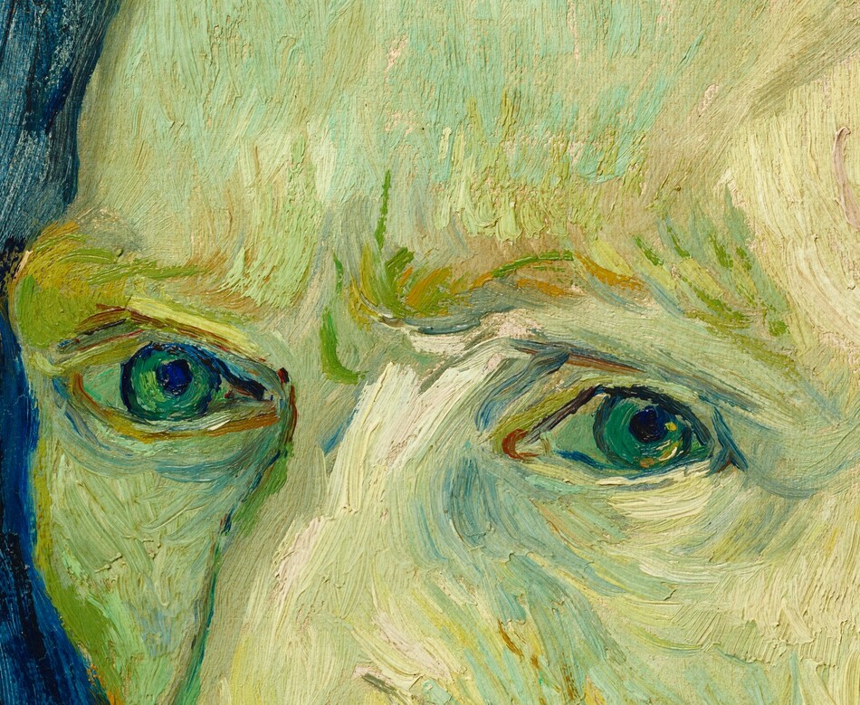 Shown from the chest up, a man with short, orange hair and green-tinted, pale skin looks at us, wearing a vivid blue painter's smock in this vertical portrait painting. His smock and the background are painted with long, mostly parallel strokes of cobalt, azure, and lapis blue. His shoulders are angled to our left, and he looks at us from the corners of his blue eyes. He has a long, slightly bumped nose, and his lips are closed within a full, rust-orange beard. He holds a palette and paintbrushes in his left hand, in the lower left corner of the canvas. The background is painted with long brushstrokes that follow the contours of his head and torso to create an aura-like effect.