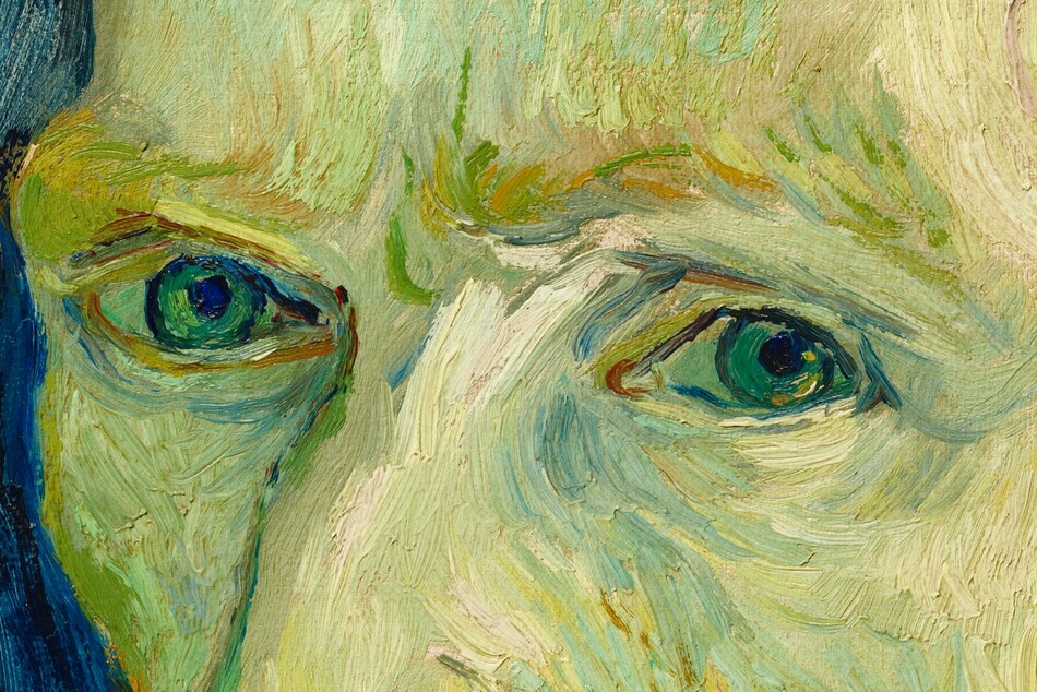 Shown from the chest up, a man with short, orange hair and green-tinted, pale skin looks at us, wearing a vivid blue painter's smock in this vertical portrait painting. His smock and the background are painted with long, mostly parallel strokes of cobalt, azure, and lapis blue. His shoulders are angled to our left, and he looks at us from the corners of his blue eyes. He has a long, slightly bumped nose, and his lips are closed within a full, rust-orange beard. He holds a palette and paintbrushes in his left hand, in the lower left corner of the canvas. The background is painted with long brushstrokes that follow the contours of his head and torso to create an aura-like effect.