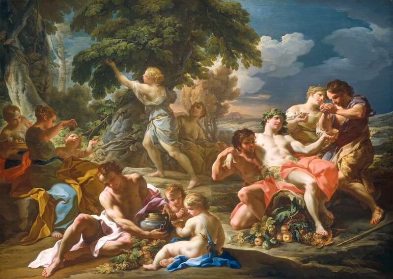 Nine men and women and three pudgy, toddler-aged children gather in small groups under a copse of trees against a deep landscape in this horizontal painting. Most of the people have pale, nearly white skin and a few have darker, peach-toned skin. They all have rosy cheeks, and most have strawberry or honey blond hair. The men and women wear loose robes in shades of topaz and ice blue, vibrant peach, pale pink, or harvest yellow, and the children appear to be nude. Light pours across the scene from the left. Two women sit in the lower left corner of the composition, mostly in shadow presumably created by trees outside our view. One leans toward us holding a tray of fruit with her dress nearly exposing her round breasts. A woman sitting closer to us holds up a fig as a child reaches for the fruit. Closer to us, a muscular man sits on the ground next to an urn the size of a backpack. One child next to the urn sits almost with their back as he holds up a cup, and a gold-colored horn hangs from a ribbon across the torso. Another child other leans forward closer to the man, a bunch of grapes held in both hands. A pile of grape vines with grapes and orange-colored fruit sits between the man and first child. Behind this trio, one woman picks fruit from a leafy tree, which has a grape vine growing around its thick trunk. Another woman sits in the shade of the tree and looks on, a piece of fruit in her hand. The final four people are gathered to the right, where one man supports another who leans limply away from us, one arm slung over his supporter’s shoulders. The partially prone man is bare-chested and wears a crown of grapevine leaves. More leaves are around his waist under a vivid, coral-red cloth, and his feet rest on a pile of figs, fruit, and grapes. A third man in this trio is the only one with a beard. He wears a cheetah animal skin and presses grapes in both hands to fill the cup held by the prone man. A woman stands between the pair, holding more grapes and looking off into the distance. Trees and bushes grow across the left half of the composition, and a distant landscape on the right half opens onto rolling hills and hazy mountains. The sky glows peach along the horizon and deepens to twilight blue across the top half of the painting.