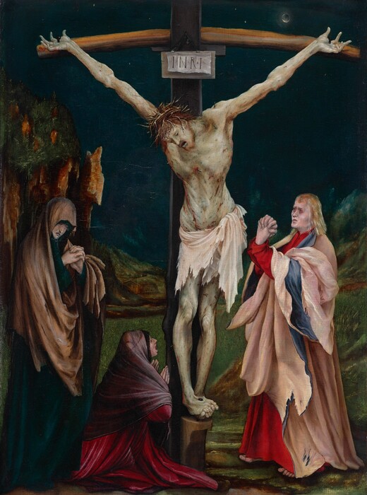 Three pale-skinned people stand around a cross from which hangs the twisted and bloodied body of a nearly nude man set in a dark, rocky landscape in this vertical painting. The man on the cross wears a ring of spiky thorns on his head and a white loincloth encircles his waist. His white skin is tinted green and covered all over with short red gashes. His body hangs heavily from his hands, which are nailed to the cross so his arms make a shallow Y shape. His head hangs down, and his eyes and mouth are open. His feet coil around a nail near the base of the cross. A man wearing a crimson-red garment under a pale blue and pink robe stands to our right facing the cross. He has blond hair, white skin, red rings around his eyes, and his fingers are tightly interlaced and twisted in an exaggerated prayer. One woman stands to our left, wearing a teal-blue and brown robe that covers her bowed head. She gazes down beyond her clasped hands and her mouth is downturned. A second woman wearing an ash-purple garment over a raspberry-pink robe kneels at the cross to our left. She holds her hands up at her chest as she looks up at the person on the cross, her mouth open wide. Rocky outcroppings rise along either side of the painting in the landscape, and a house is seen at the center beyond the cross. A dark disk covers a small bright moon in the dark blue, nighttime sky.