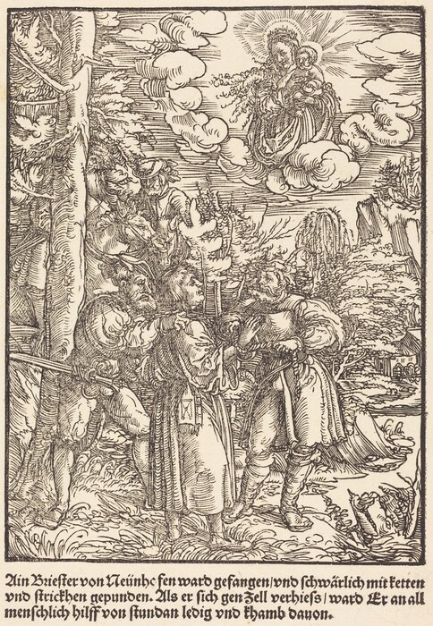 This is a drawing of a religious and allegorical scene. A group of figures is depicted in a wooded landscape, interacting with each other. A sacred apparition appears above them, featuring a holy figure with a child within a radiant halo. The foreground shows expressive figures in dynamic poses and historical attire. The landscape includes trees, clouds, and rocks, adding depth to the scene. The precise line work enhances the drama. There is text in German at the bottom providing a narrative context.
