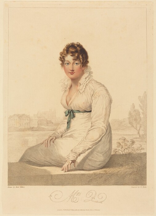 The image shows a seated woman with short, curly hair, wearing a white dress with a green ribbon tied at the waist. She has delicate features and a calm expression. One hand rests on her knee, while the other touches the ground beside her. In the background, there is a landscape with buildings, trees, and foliage.