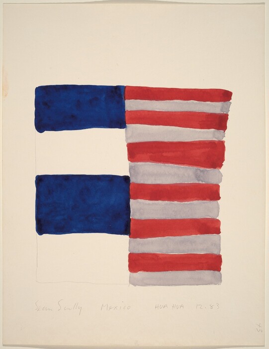 The image shows bold rectangular shapes and lines. The rectangles on the left are deep blue, while the stripes on the right alternate between red and soft gray. The composition resembles a flag, with a blue field and striped pattern. The painting has a balance between the blue portion and the vibrant stripes.