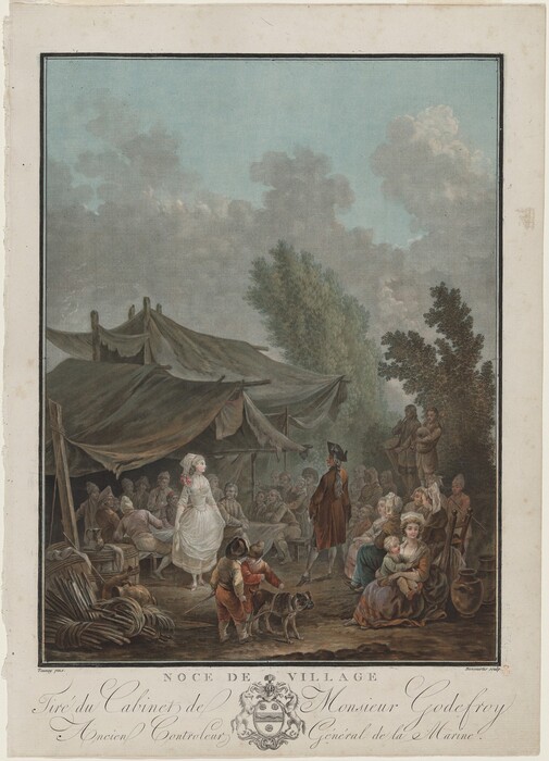 This is a painting of a village scene under a large tent. The painting depicts numerous figures in a rustic outdoor setting. The central focus is a figure dressed in a white garment in the foreground, appearing to be in motion. Around the figures under the tent are others engaged in conversation and socializing. The scene is detailed with wooden furniture, musical instruments, pets, and traditional attire. The tent is made of draped fabric, with trees and a clouded sky in the background. The style is reminiscent of Jean-Honoré Fragonard, known for Rococo-style paintings filled with social interactions.