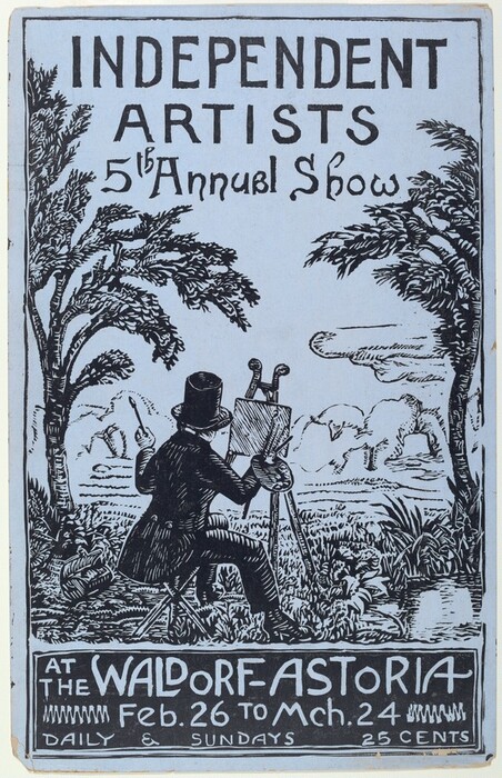 This is a drawing of a promotional poster for the Independent Artists' 5th Annual Show. The illustration features an artist painting outdoors on an easel. The artist is dressed in formal attire and the scene includes distant mountains, trees, and a large cloud. The drawing uses strong lines and contrasts to create a detailed image. Surrounding the scene are details of the art show, including the venue, dates, and admission fee at the bottom of the poster.