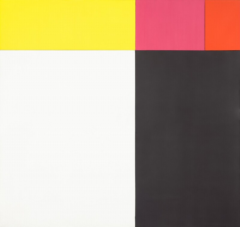 Five rectangles, each in a single, saturated hue of canary yellow, watermelon pink, blood orange, bright white, or ink black, fit together to make a nearly square abstract painting. In rectangles of descending sizes, the yellow, pink, and orange shapes create a band across the top of the composition. The bottom three-quarters of the composition is made up of the white and black vertical rectangles. The white form takes up two-thirds of the left side, and is topped by the yellow shape. The black rectangle is narrower, and it fills in the space below the pink and orange forms above.