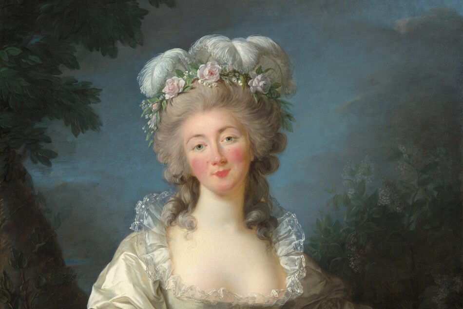 Shown from the knees up, a woman stands facing and looking at us with her head tilted a little to our left in this vertical portrait painting. She has pale skin, a heart-shaped face with rosy cheeks, and a rose-pink bow mouth. Thin, arched, sable-brown eyebrows frame her gray eyes. A wreath of pale pink flowers and curling white ostrich feathers crowns her long gray hair, which is piled high on her head. Loose curly tendrils brush both shoulders. Her glowing, silver satin gown is trimmed with delicate sheer lace around the wide, plunging neckline and sleeves, and has a pink sash around her narrow waist. Pearl bracelets adorn her wrists. She leans to her left, our right, to rest her left elbow against a waist-high, cinnamon-brown stone pedestal, which is decorated with a bronze-colored garland and bow on the side facing us. A ring of blue, yellow, red, and pink flowers, woven with strands of ivy, dangles in the hand resting on the pedestal. Her right hand hangs loosely by her side. Along the left edge of the dimly lit background, a tree with a thick trunk angles into the upper left corner. A smaller sapling grows just in front of it. On the right, bushes with olive and fern-green leaves dotted with lilac-purple flecks rise above the pedestal. Dark clouds fill most of the top third of the canvas but they part around her head to reveal the soft blue sky. The artist signed and dated the work in white in the lower right corner, “L. Vigée Le Brun 1782.”