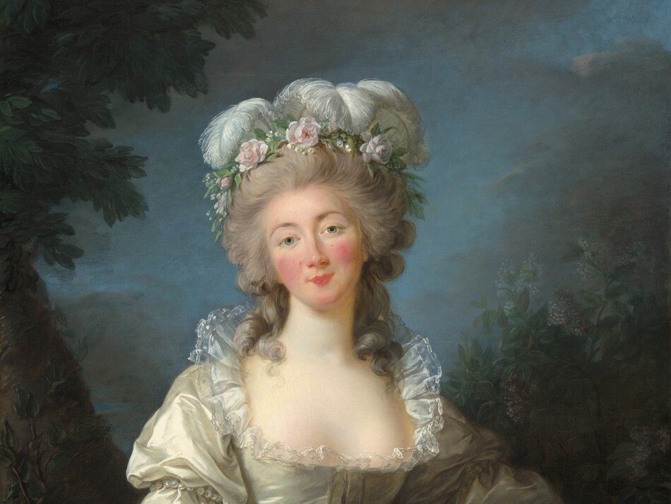 Shown from the knees up, a woman stands facing and looking at us with her head tilted a little to our left in this vertical portrait painting. She has pale skin, a heart-shaped face with rosy cheeks, and a rose-pink bow mouth. Thin, arched, sable-brown eyebrows frame her gray eyes. A wreath of pale pink flowers and curling white ostrich feathers crowns her long gray hair, which is piled high on her head. Loose curly tendrils brush both shoulders. Her glowing, silver satin gown is trimmed with delicate sheer lace around the wide, plunging neckline and sleeves, and has a pink sash around her narrow waist. Pearl bracelets adorn her wrists. She leans to her left, our right, to rest her left elbow against a waist-high, cinnamon-brown stone pedestal, which is decorated with a bronze-colored garland and bow on the side facing us. A ring of blue, yellow, red, and pink flowers, woven with strands of ivy, dangles in the hand resting on the pedestal. Her right hand hangs loosely by her side. Along the left edge of the dimly lit background, a tree with a thick trunk angles into the upper left corner. A smaller sapling grows just in front of it. On the right, bushes with olive and fern-green leaves dotted with lilac-purple flecks rise above the pedestal. Dark clouds fill most of the top third of the canvas but they part around her head to reveal the soft blue sky. The artist signed and dated the work in white in the lower right corner, “L. Vigée Le Brun 1782.”