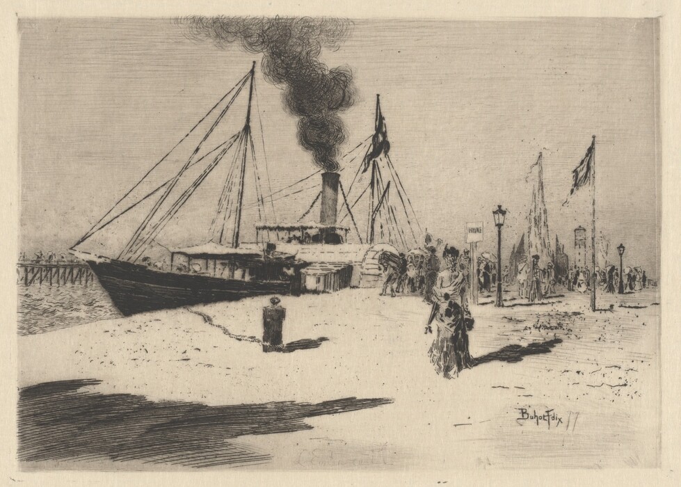 The image depicts a busy dockside scene with a steamship, a figure on the shore, and several people near the ship. The background shows a distant structure, and the sky blends into subtle tones. The artwork is created using fine lines and cross-hatching typical of etching, using a monochrome color palette of black and grey.