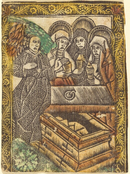 The image depicts a group of figures gathered around a tomb. There is an angel with a green and brown wing on the left, gesturing towards three haloed figures by the tomb. The tomb is detailed with intricate patterns and textiles, and the background features an elaborate border with golden floral patterns, similar to early Renaissance religious art.