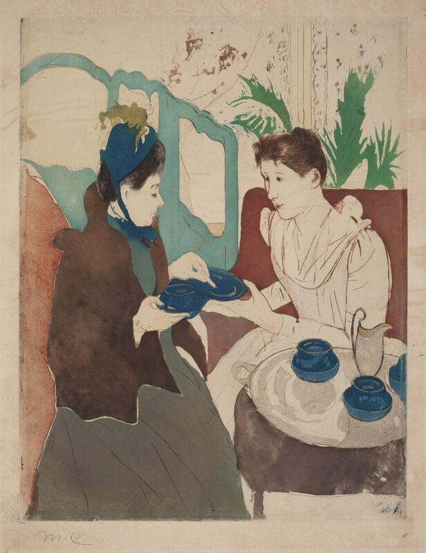 Two women with sit next to a table holding a silver tray with royal-blue tea cups and saucers in this colored, vertical drypoint and aquatint. Faint black lines outline the women, their features, clothing, and objects in the room, and each area is filled in a flat, saturated color. The women’s skin is the color of the white paper. The women face each other and take up most of the composition. Both have oval faces, rounded noses, and their hair is pulled up and back. The woman to our right has dark brown hair and leans forward as she holds up a blue plate with her right hand, closer to us. The other hand rests on the arm of her russet-red chair. Her dress is also the color of the paper and has a tight-fitting bodice, long sleeves, and a long skirt. The other woman wears a sapphire-blue cap over black hair. The hat has a celery-green feather and is tied in a bow under the chin. She wears a hip-length, coffee bean-brown cloak over a spruce-green dress. She looks down at the plate and holds what might be a cookie or biscuit with one hand and a cup and a dish-like saucer with the other. Her lips are downturned and her head pulled slightly back to create a double chin. She sits upright in another muted red chair. In the lower right corner of the sheet, the round, smoky-purple table is barely bigger than the round gray tray it holds. On it are two more cups and saucers and a jug, presumably holding milk. What might be another cup-and-saucer set or the teapot is cut off by the right edge of the paper. The rims of the cups and saucers are painted gold. A turquoise-blue screen with openings across the top stands to the left behind the second woman, and a window is behind the first. Spiky green fronds of a houseplant angle up toward the sunlight and a curtain is pulled to the left side. Squiggles and flowers printed in rust red suggest a pattern on both curtains, which are the color of the paper. The artist’s initials are written in graphite under the lower left corner of the printed image, “MC.”
