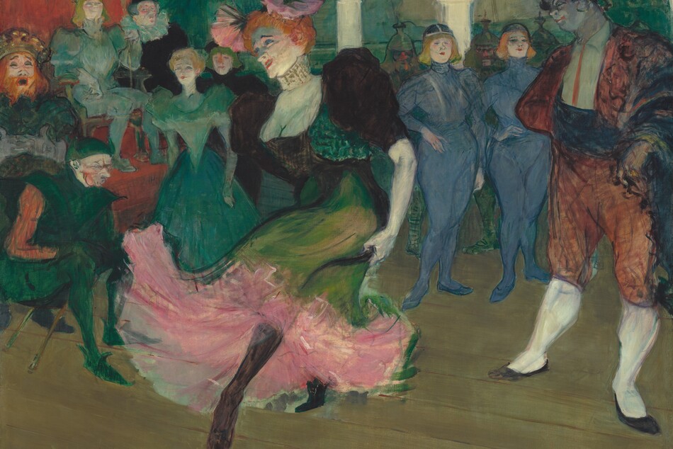 We look slightly down onto a stage, at a woman who dances at the center of this square painting. The pale, white skin on her face is tinged with slate-blue shadows and heightened noticeably with pink blush at the cheekbones. She wears crimson-red lipstick and her dark brown eyebrows are peaked over blue eyes. Two flaring pink flowers, each about the size of the woman’s face, are pinned in the woman’s flame-red hair. The black bodice of her dress has puffed, elbow-length sleeves and a low-cut square neckline. The lime-green skirt flares around her dancing feet to billow up and reveal layers of bubblegum pink underneath. Her body is angled to our left as she points her left, black-stockinged foot and holds her arms by her sides. Behind her, thirteen people dressed in sapphire-blue, ocean-green, and black costumes suggest a royal court, including a dark-haired man who wears a brick-red bolero style suit. He stands near the woman to our right, watching her dance.