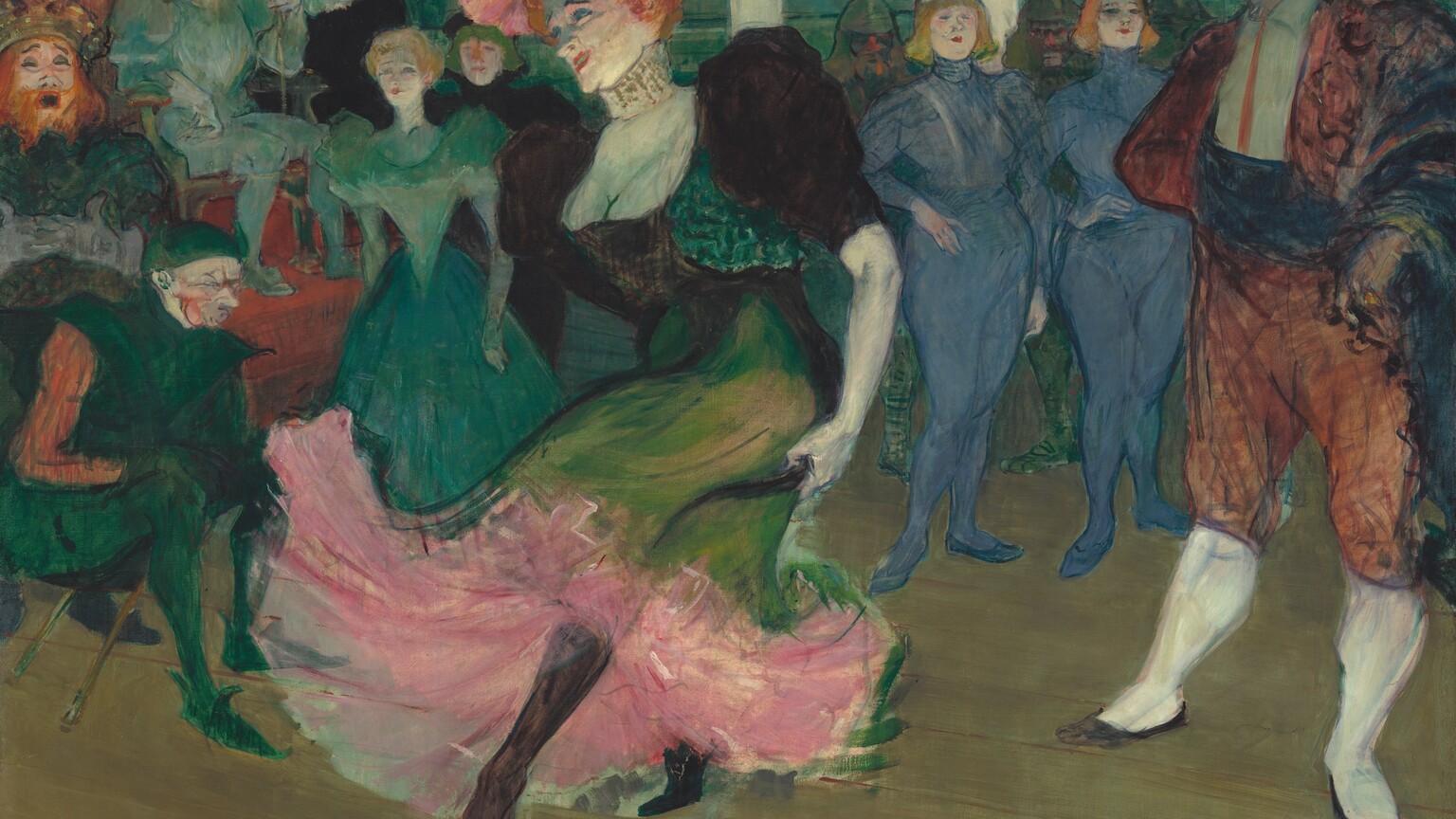 We look slightly down onto a stage, at a woman who dances at the center of this square painting. The pale, white skin on her face is tinged with slate-blue shadows and heightened noticeably with pink blush at the cheekbones. She wears crimson-red lipstick and her dark brown eyebrows are peaked over blue eyes. Two flaring pink flowers, each about the size of the woman’s face, are pinned in the woman’s flame-red hair. The black bodice of her dress has puffed, elbow-length sleeves and a low-cut square neckline. The lime-green skirt flares around her dancing feet to billow up and reveal layers of bubblegum pink underneath. Her body is angled to our left as she points her left, black-stockinged foot and holds her arms by her sides. Behind her, thirteen people dressed in sapphire-blue, ocean-green, and black costumes suggest a royal court, including a dark-haired man who wears a brick-red bolero style suit. He stands near the woman to our right, watching her dance.