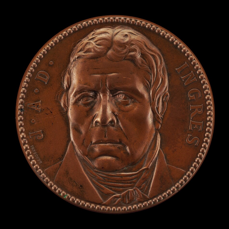 The image shows an engraved portrait of a person's head on a circular coin. The individual's full face and part of their neck and shoulders are depicted, with a focus on the detailed facial features. The person has wavy hair and a serious expression, along with a scarf around the neck. The coin's edges are decorated with dots, and inscriptions on both sides read "J. A. D. INGRES." The background is dark.