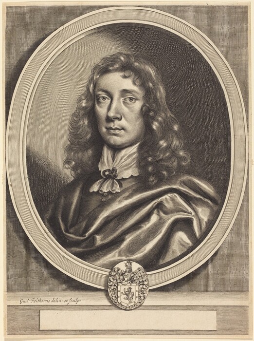 The image is a portrait of a man portrayed from the chest up, slightly turned to his left while facing forward. He has a high forehead, arched eyebrows, and a focused gaze. The man has long, wavy hair that falls to his shoulders. He is dressed in a draped garment with a lace collar and a bow pinned at the front. The portrait is encircled by an ornate oval frame with a coat of arms below. The background contains delicate etching.