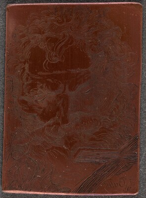 The image shows an engraving of a bearded man's face, likely from the chest up. The man's head is slightly tilted, with facial features such as the brow and nose depicted through etched lines. His hair is voluminous and curly, flowing outward in swirling patterns. There is no clothing detail visible. The engraving includes a crosshatched pattern in the bottom right corner and a signature, possibly "Ritter A.L." The background is a polished metal surface.
