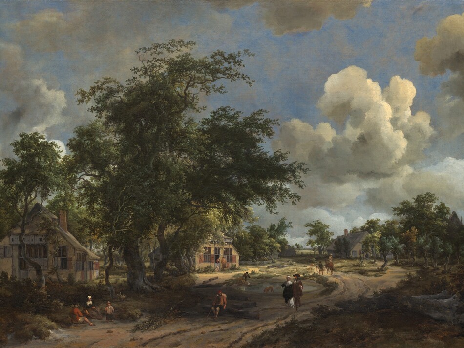 Several people sit, stand, or stroll along a dirt road that winds from the lower left corner of this horizontal landscape painting into the distance, past trees and cottages under a vivid blue sky. The horizon line comes about a third of the way up the canvas, and the cloud studded, azure-blue sky fills the space above. Sunlight filtered through puffy white and steel-gray clouds illuminates the scene from the upper right, creating patches of light and shadow throughout. The road meanders through the center of the composition and is lined with dark and sage-green shrubs, scrubby growth, and gnarled, crooked trees. Closest to us and to our left, two tan cottages are tucked into deep shade created by a grove of several tall trees. The cottages have steeply pitched roofs and windows flanked by gray or brick-red shutters. Three people sit and stand near the path outside the closest building. A short distance to our right, a man sitting on a fallen log carries walking stick and a bundle on his back. His body faces us but his head is turned to our right to gaze toward the man and woman about to stroll past him, headed in our direction. The woman wears a black dress over a white skirt, and a white head covering and shawl. The man wears a brimmed hat with a red decoration, a brown coat with gold buttons down the front and a wide white collar, and heeled shoes. Beyond them, the road curves to our left around a small pond in front of the second cottage. Two people crouch to set a toy sailboat afloat by the edge of the pond, and a brown dog sniffs the ground nearby. Two more people stand talking at the doorway to the second cottage and another dog leaps up at the half-door. Further along the road, the light becomes stronger, illuminating a horse, rider, and another person walking alongside the horse. The road continues to curve around a butter-yellow cottage nestled in a grove of trees on the right. A sunny field is visible in the far distance.