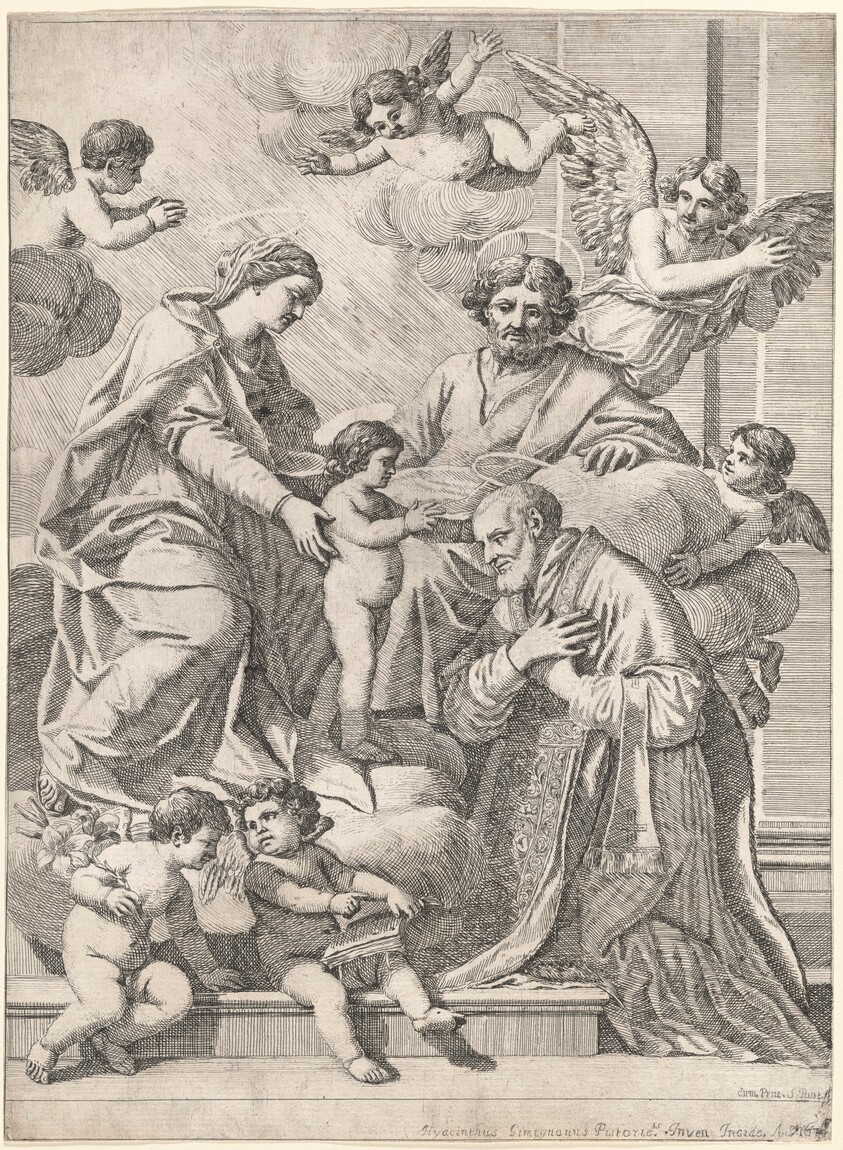The Holy Family with Saint Philip Neri in Adoration, an Angel, and Putti