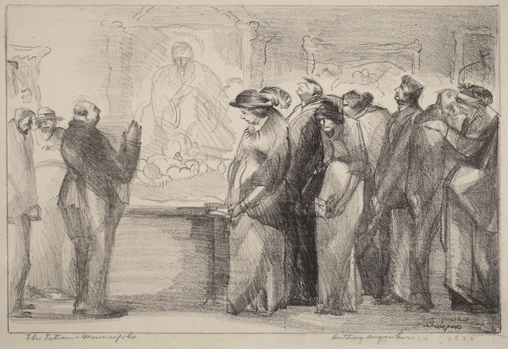 This is a drawing of a group of figures gathered around a central image. The figures are depicted in various poses, some gesturing or in conversation, while others are in contemplative or reverent postures. The central image resembles a religious or spiritual figure surrounded by a halo. The room has a sense of depth and perspective, and the figures are arranged in a semi-circular formation, focused towards the central image. The use of shading and line work adds texture and dimension to the scene, creating a sense of movement and interaction among the figures.