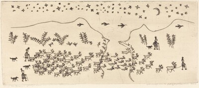 Folk Scene: Men Driving a Herd of Reindeer across a River