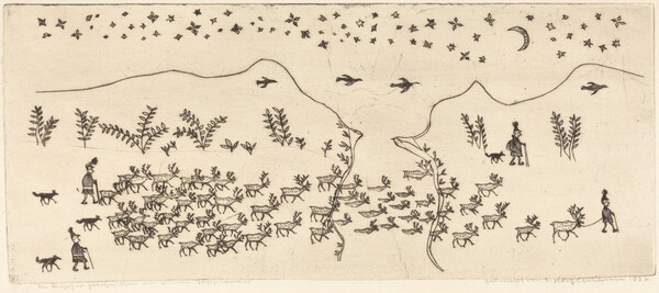 Folk Scene: Men Driving a Herd of Reindeer across a River
