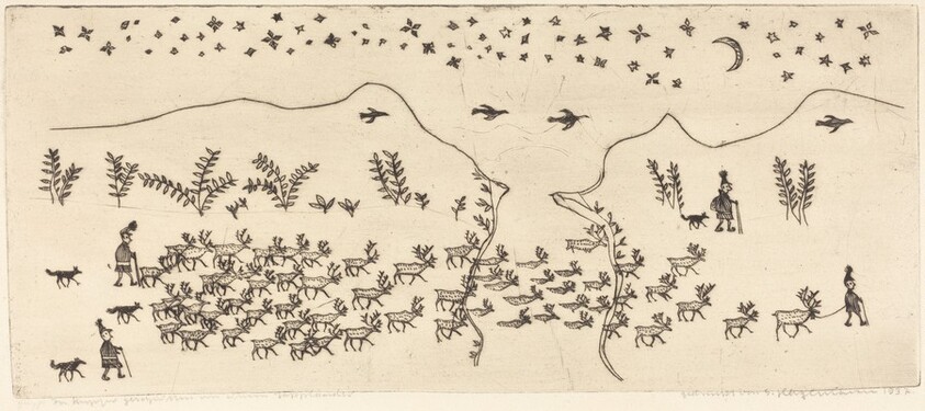 Folk Scene: Men Driving a Herd of Reindeer across a River