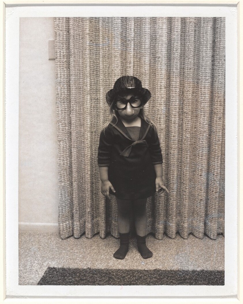 Untitled (Girl with fake glasses and nose in front of curtain)